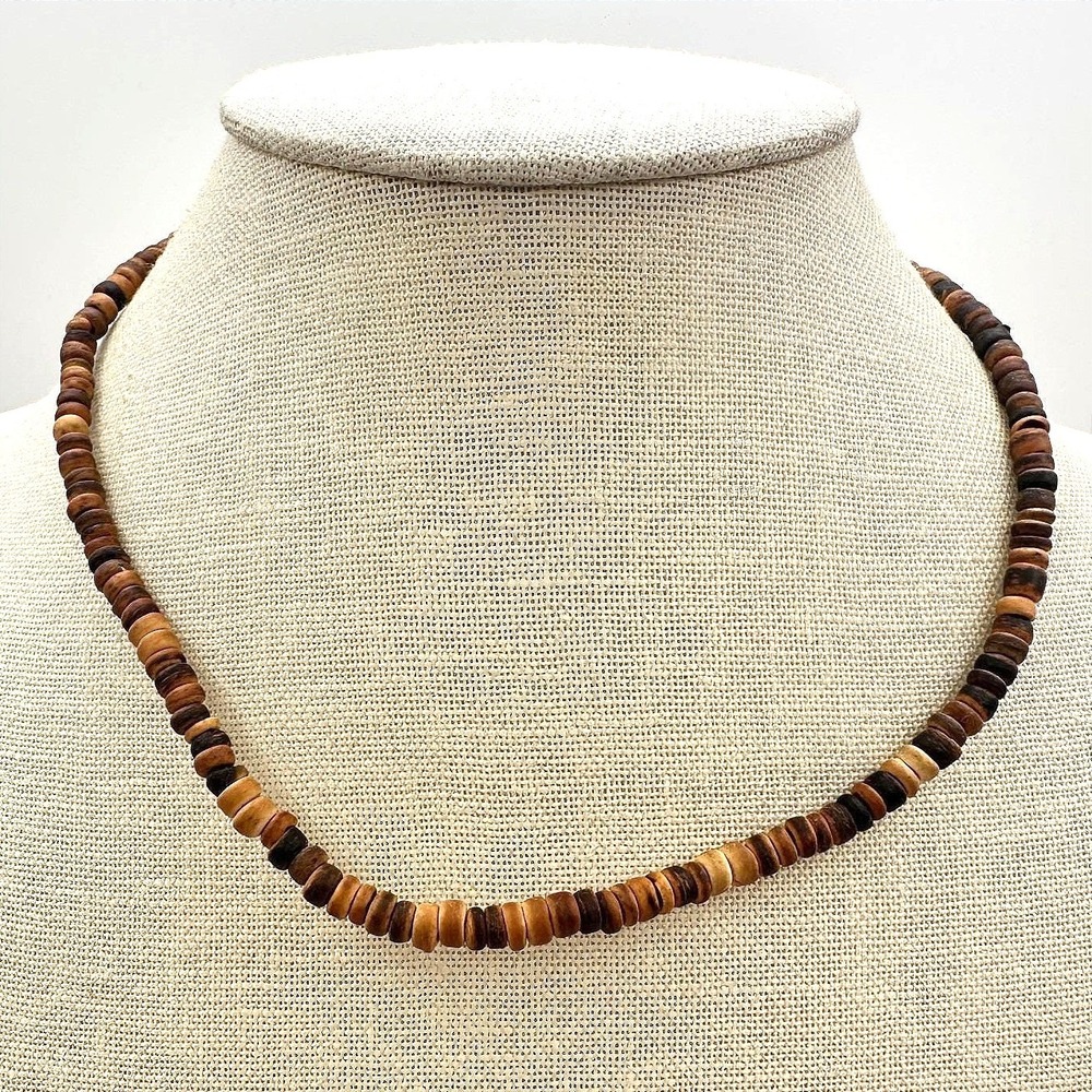 Vintage 90s Wooden Heishe Beaded Necklace Women's Minimalist Retro Jewelry Boho